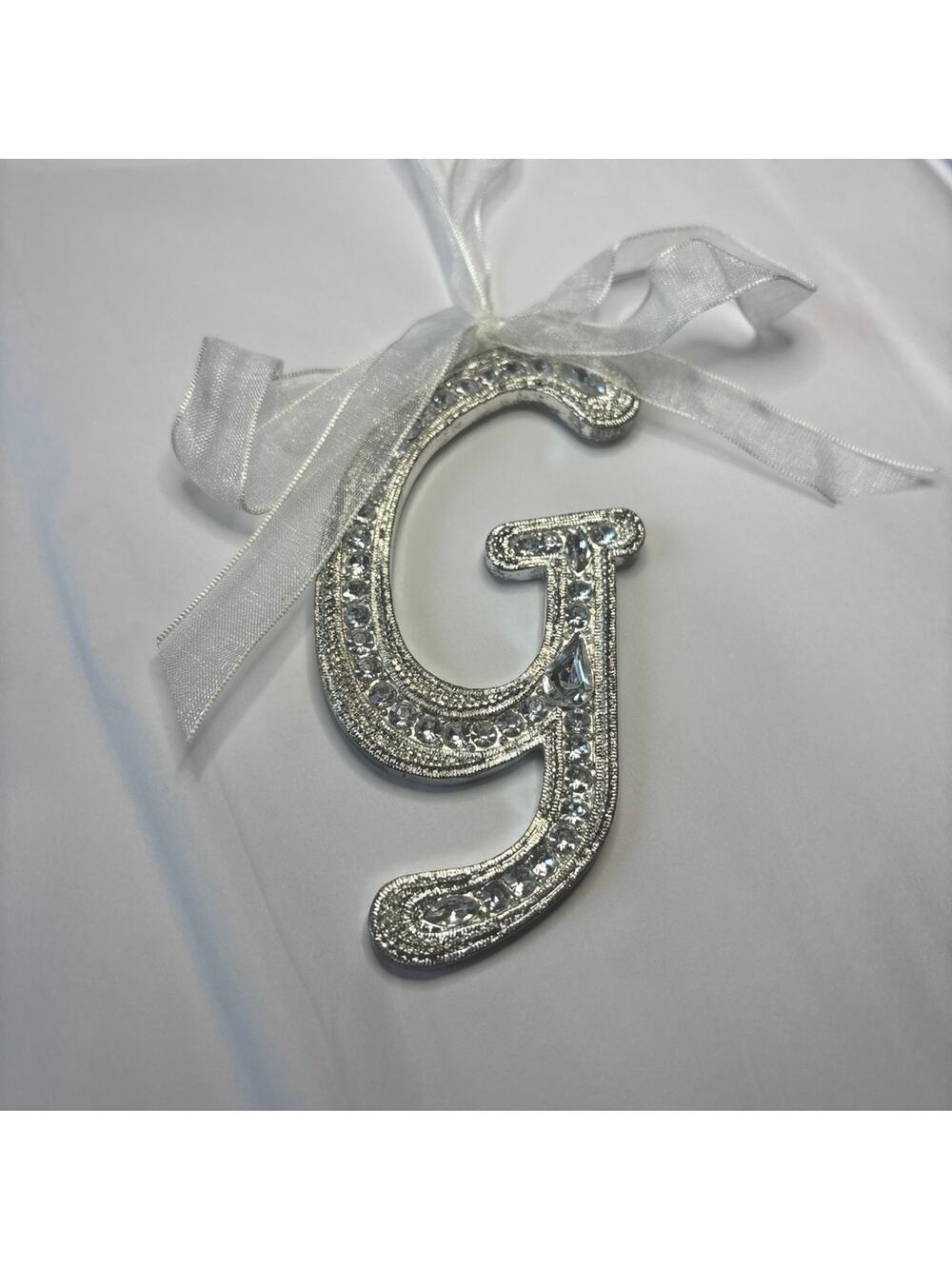 Letter G Ornament Initial Monogram Silver Bling Crystal shiny 4” wedding holiday